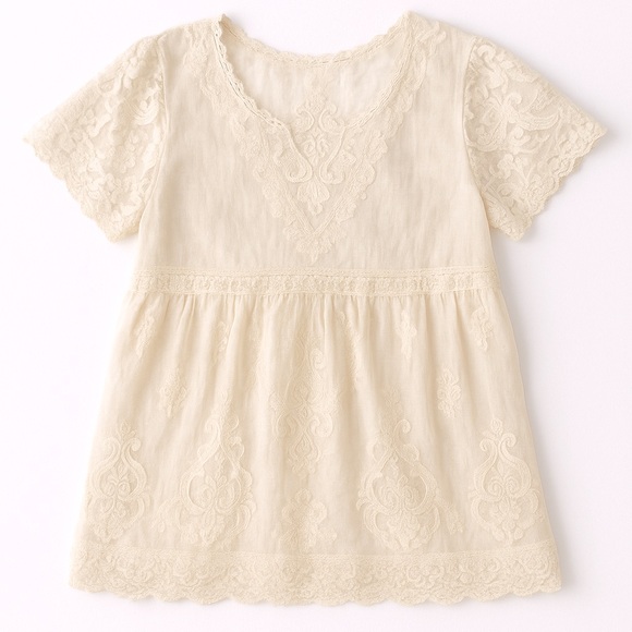 Blue Rain cream Embroidered Lace Boho Babydoll Top Mini Dress | Size Small - Picture 1 of 9